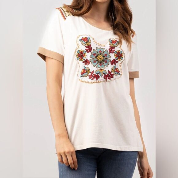 Delila Texas Mineral Wash Floral Embroidered Patchwork Short Sleeve Shirt Sz XL - Picture 3 of 10